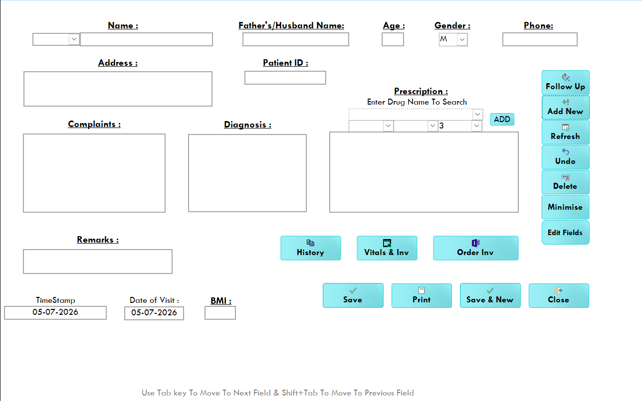 Outpatient clinical record entry, vitals log, and prescription editor